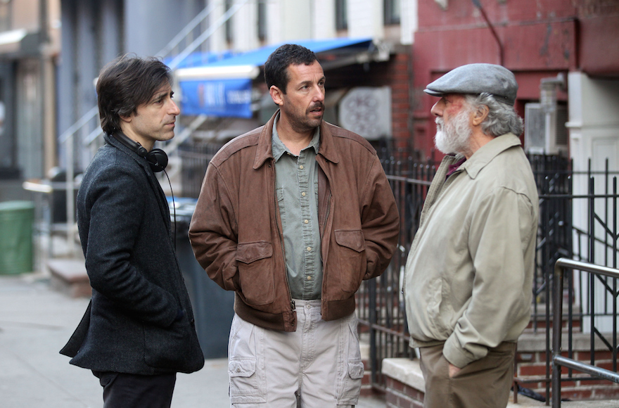 NEW YORK, NY - MARCH 08: Noah Baumbach, Dustin Hoffman, Adam Sandler playing Father & Son filming Noah Baumbach's "The Meyerowitz Stories"on March 8, 2016 in New York City. (Photo by Steve Sands/GC Images)